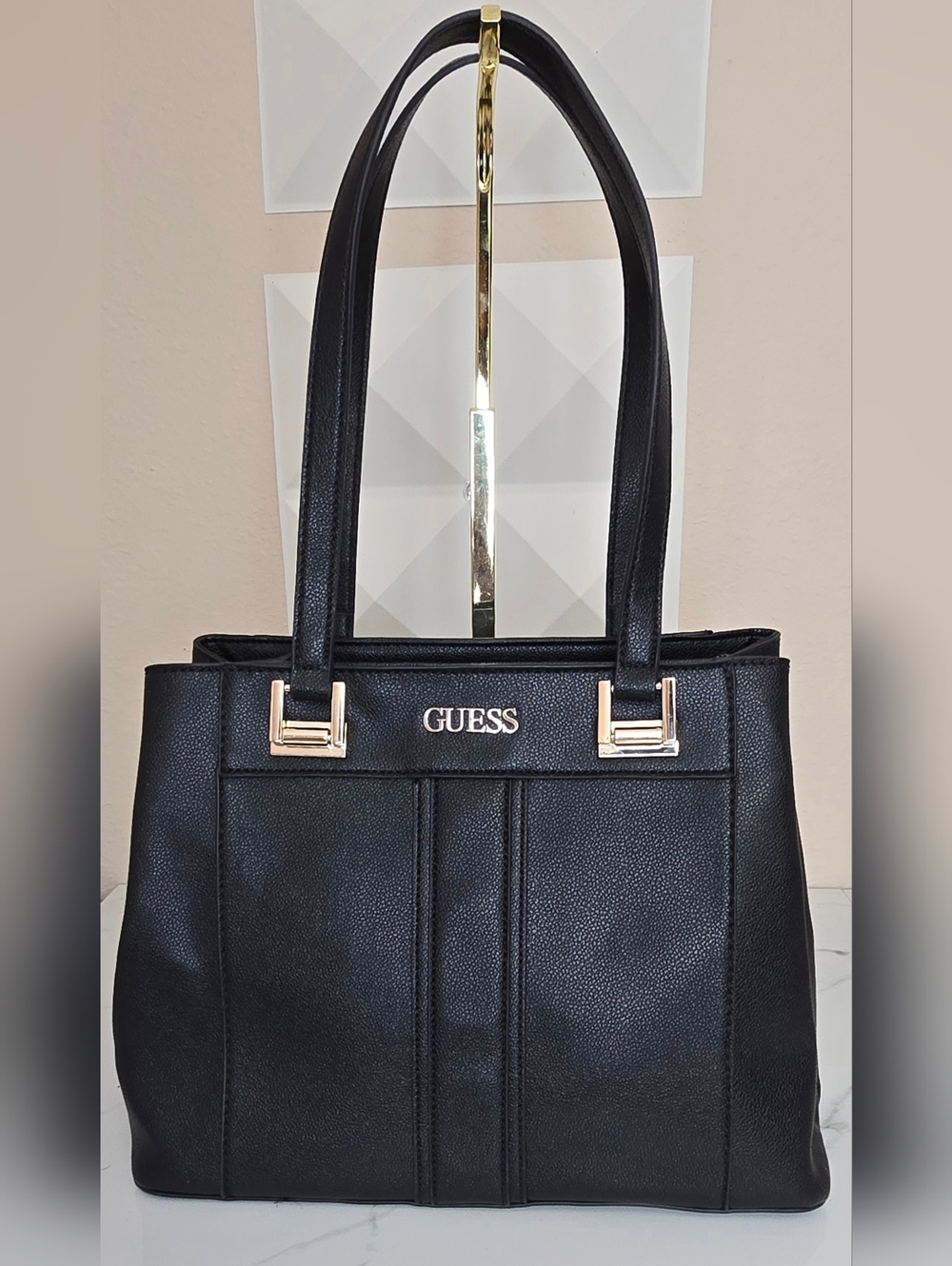 GUESS Black Faux Leather Tote Bag Gold Hardware Shoulder Purse